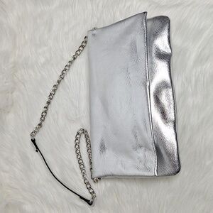 EXPRESS NWOT Silver Metallic Faux Leather Clutch or Shoulder Bag w/ Chai…